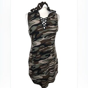 Camo Hooded Bodycon Dress | Lace-Up Front Sleeveless Mini | Size M